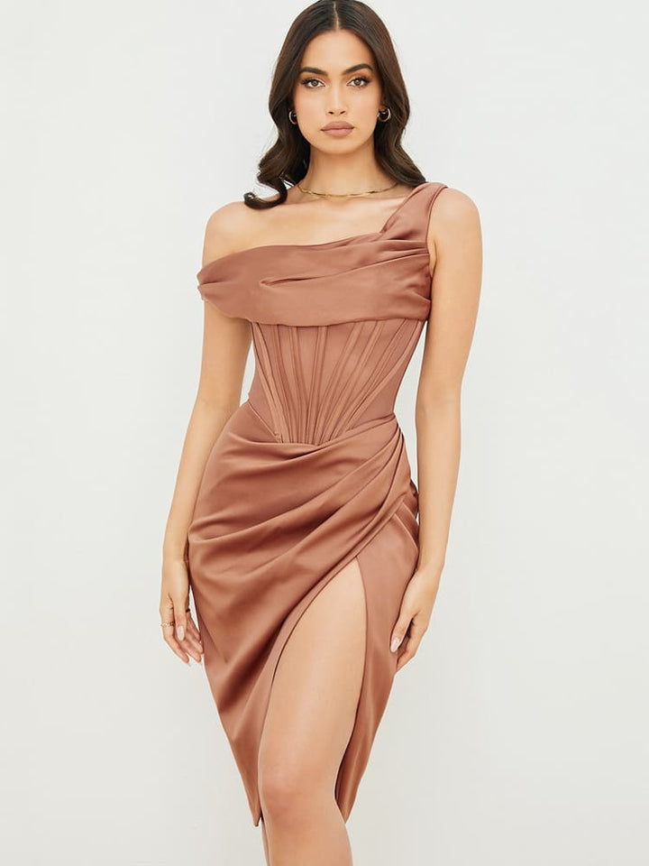 Robe Midi Moulante Corset à Epaules Dénudées - Marron Toffee