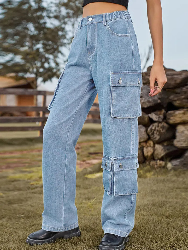 Nahugasan na Multi-Pocket na Pantalon na Denim