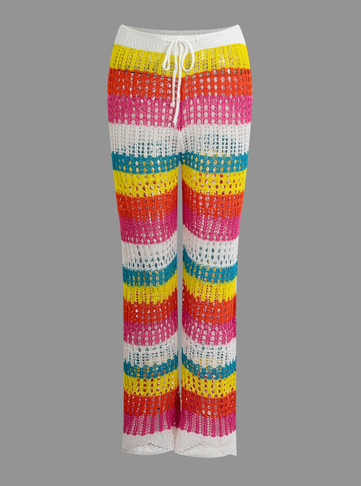 Color Block Crochet Hollow Out Stickade byxor med dragsko