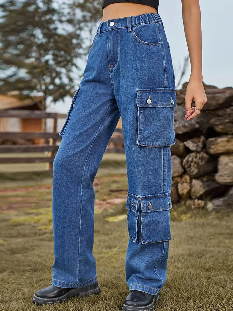 Nahugasan na Multi-Pocket na Pantalon na Denim