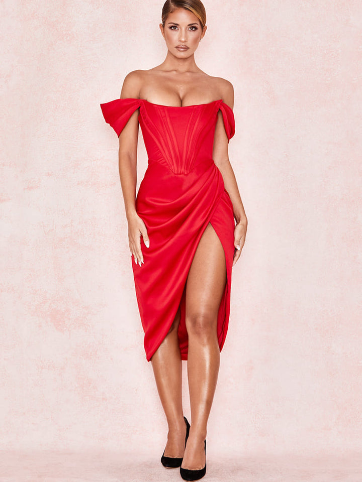 Robe midi bodycon corset à épaules dénudées - Rouge