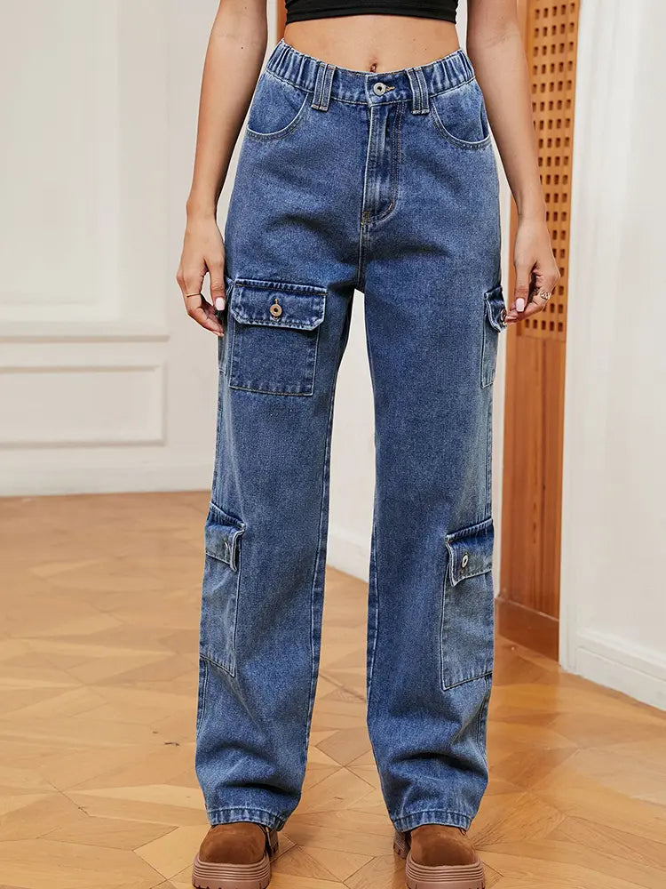 Gewassen Semi-Elastisch Ontwerp Denim Cargo Broek