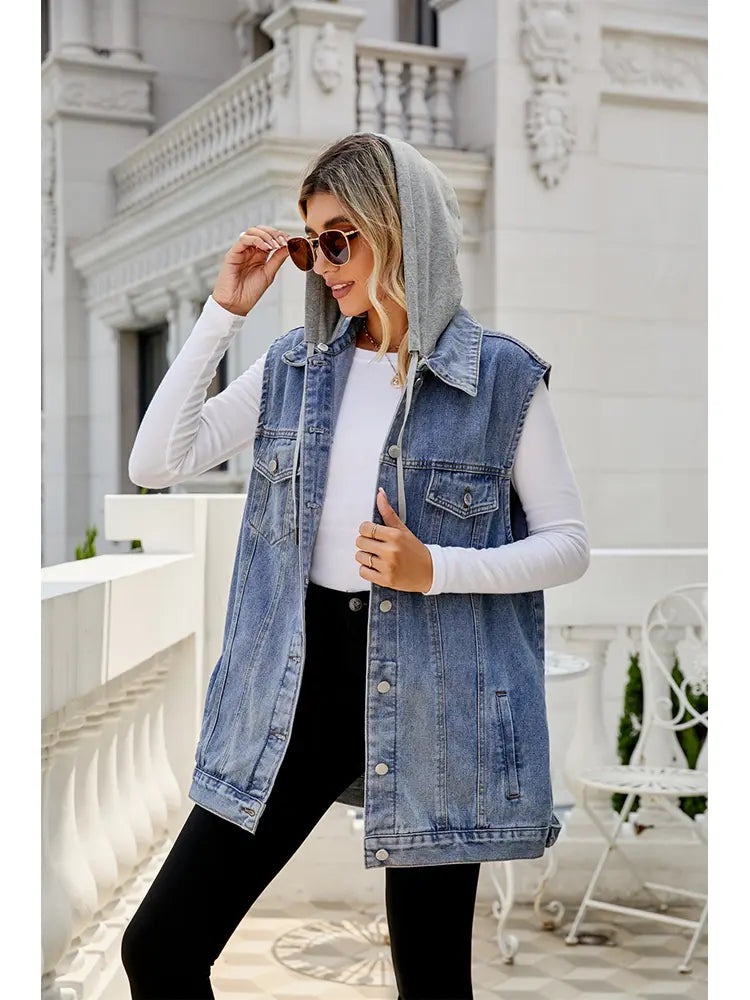 Klasikong Hooded Denim Vest