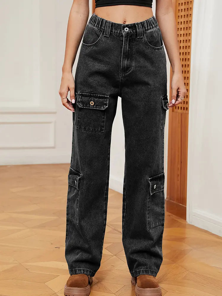 Gewassen Semi-Elastisch Ontwerp Denim Cargo Broek