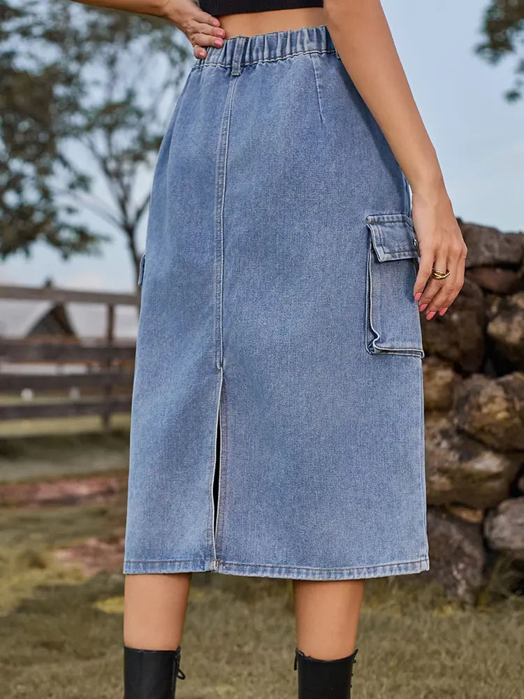 Maraming Gamit na Slim-Fit na Washed Cargo Skirt