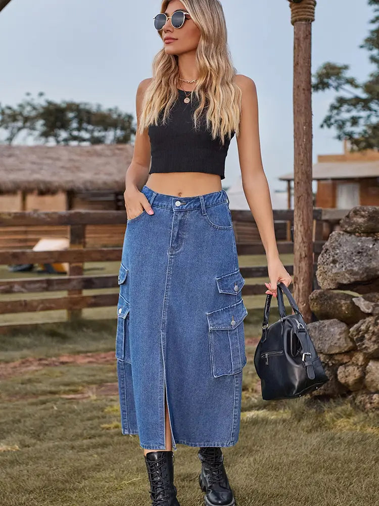 Saia de Denim com Cintura Elástica ao Estilo Americano