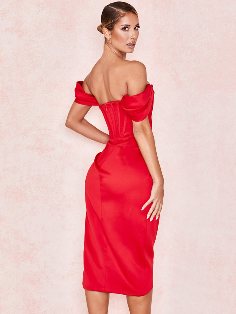 Cap Shoulder Corset Bodycon Midi Dress - Red