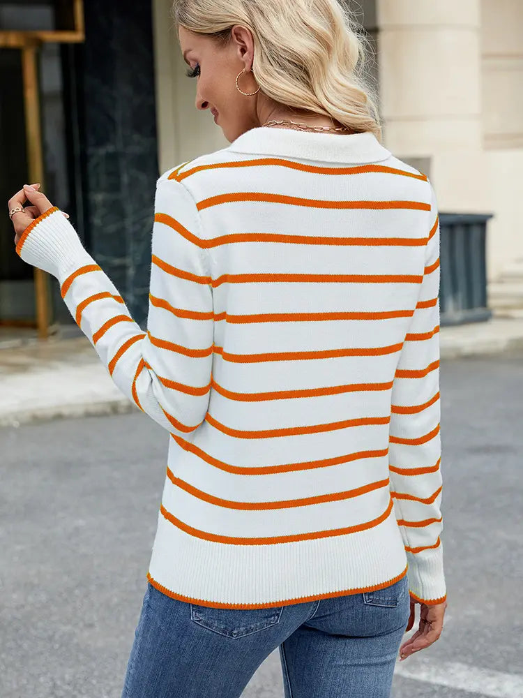 Striped Knit Collared Pullover Sweater