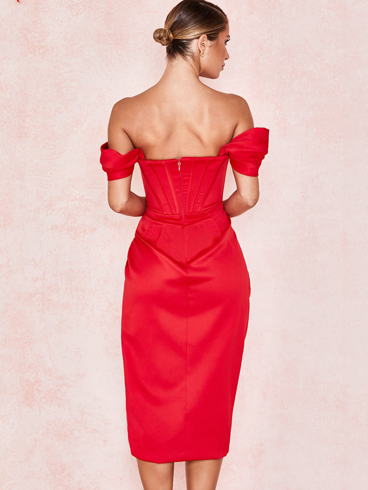 Cap Shoulder Corset Bodycon Midi Dress - Red