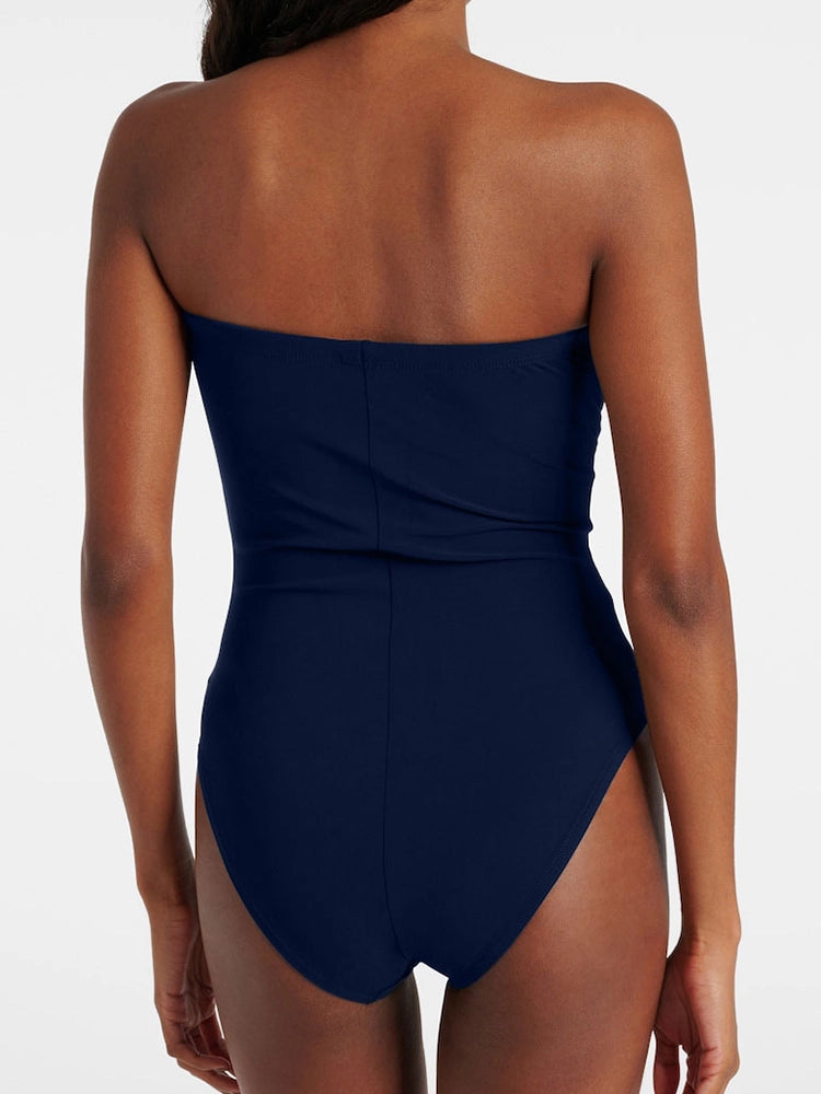 ブルーの3Dフローラルストラップレス水着