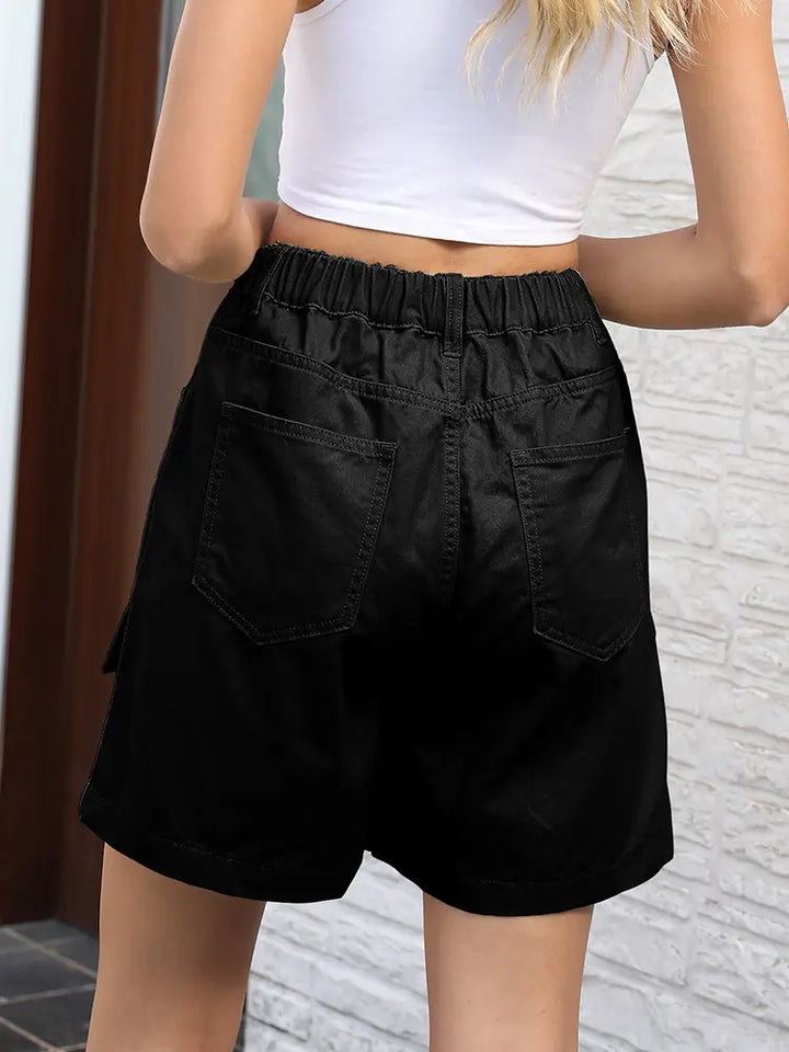 Washed Elastic Utility Denim Shorts