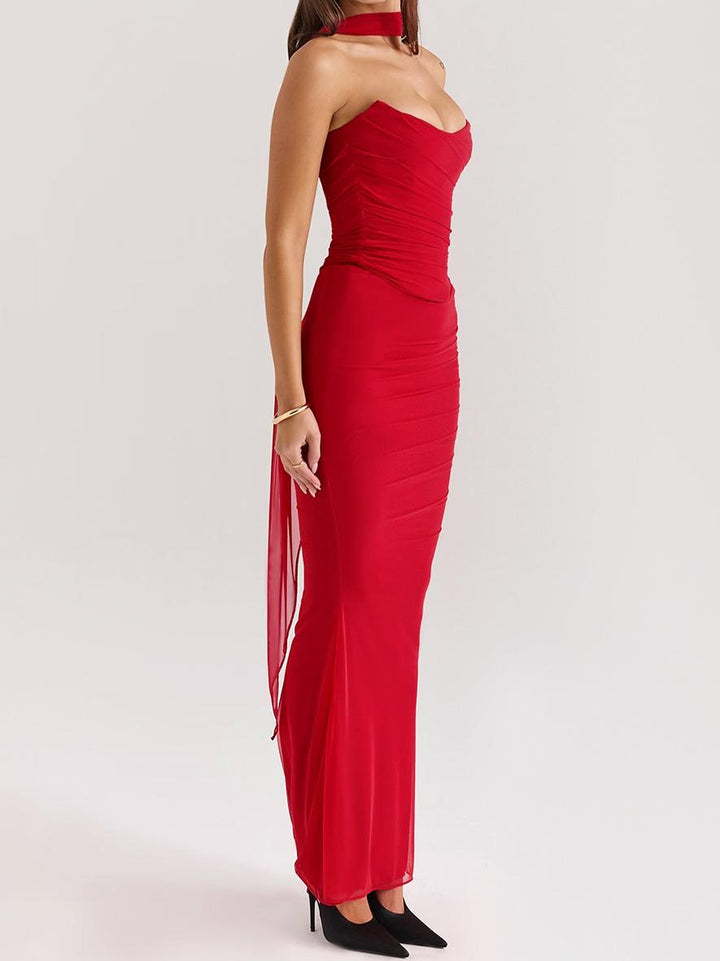 Red  Strapless Bodice and High Waist Skirt with Tie Set