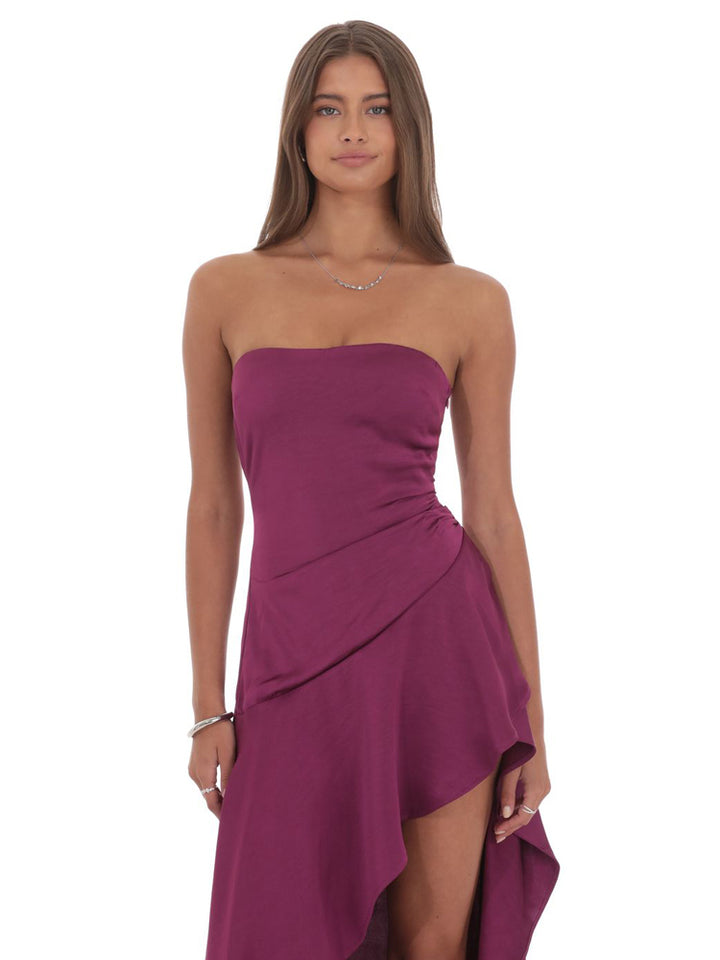 Strapless High-Shine Satin Asymmetric Slit Gown