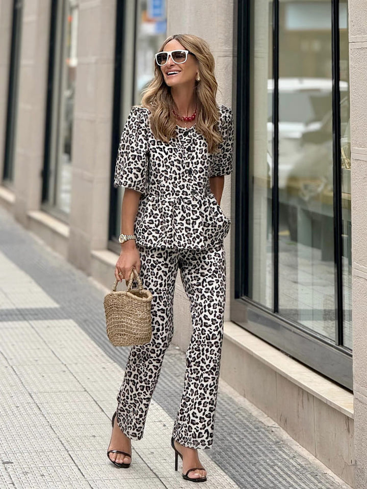 Casual Leopard Print Cardigan and Pants Set