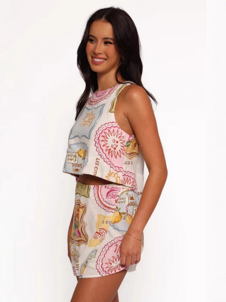 Retro linneväst och shorts set