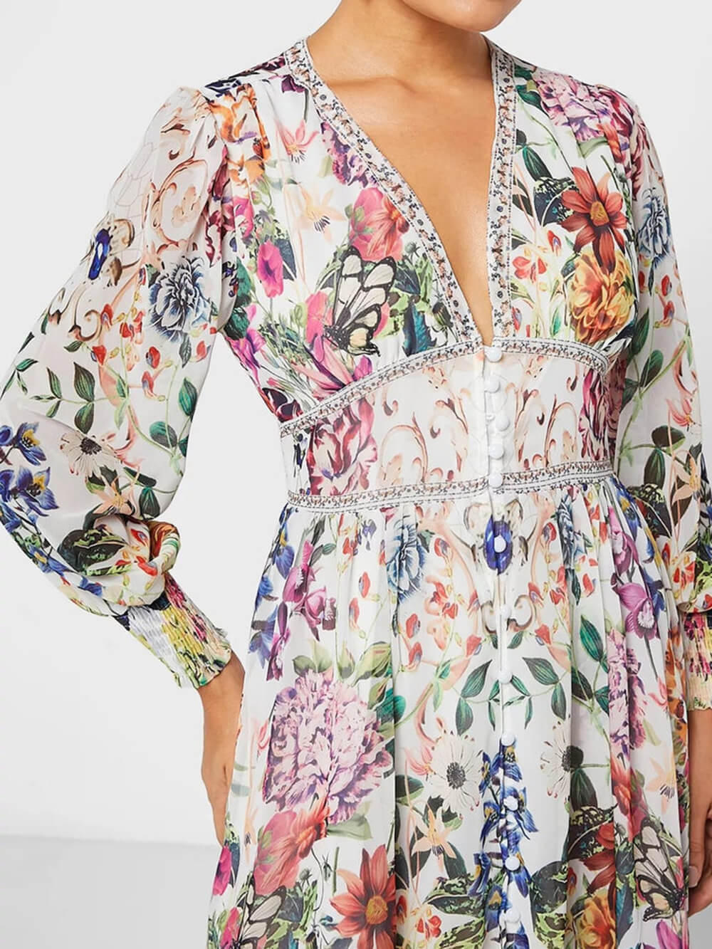 Botonische maxi-jurk van chiffon met bloemenprint en V-hals