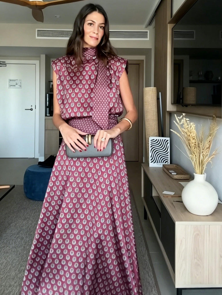Retro print sjaaltop en vloeiende maxi-rok tweedelige set