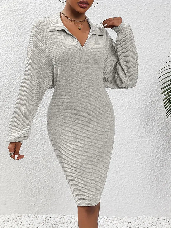 Knit Long-Sleeve V-Neck Bodycon Dress