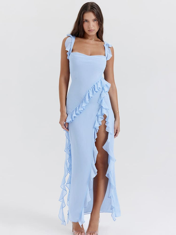 Ruffled Long Suspender Dress - Blue