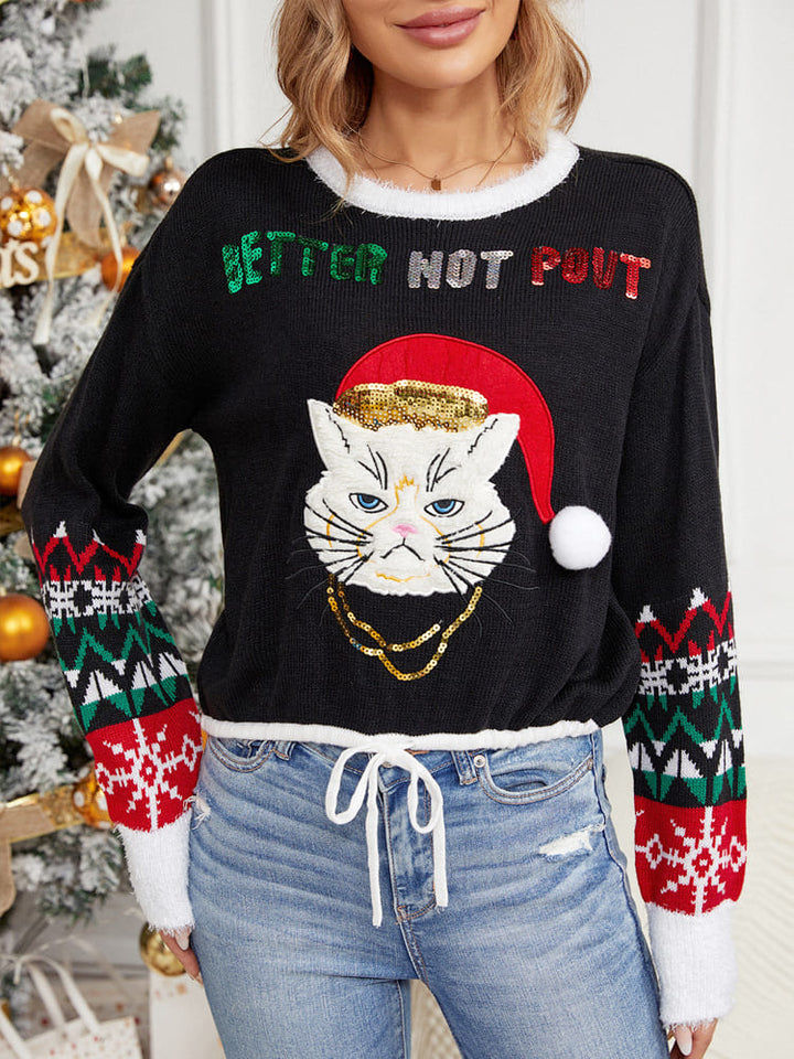 Casual Round Neck Cat Embroidery Sequin Sweater