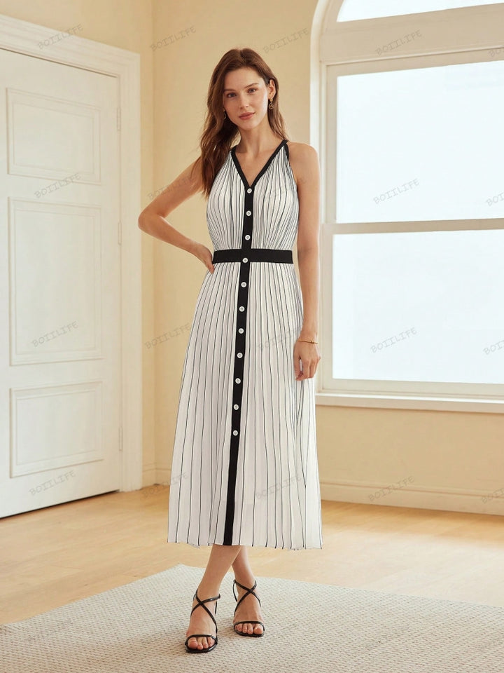 High-End Limited Edition Striped Color-Blocked Sleeveless Dress