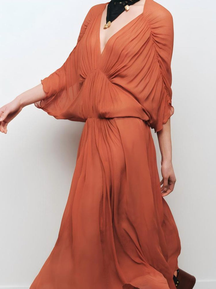 Terracotta Chiffon Flowy Maxi Dress