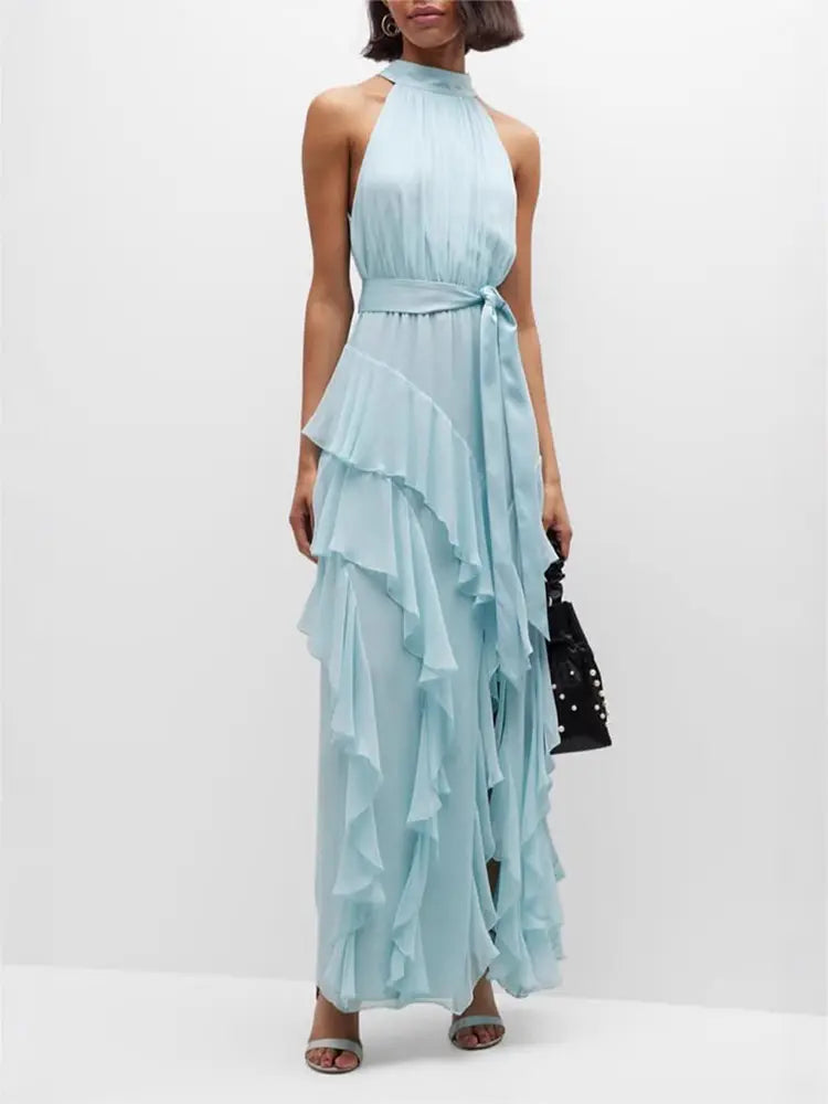 Halter Tie-Back Ruffle Maxi Klänning