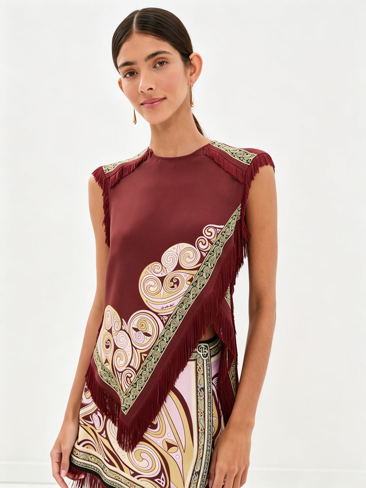 Sæt med top med tørklædefrynser og mini-foulard-nederdel