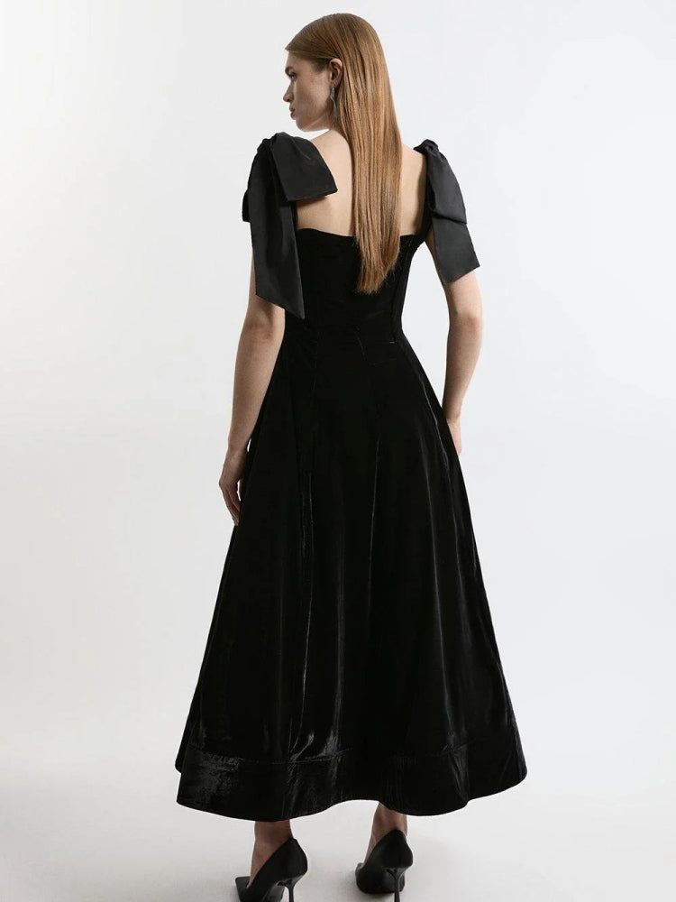 Velvet Strapless Bow Midi Dress