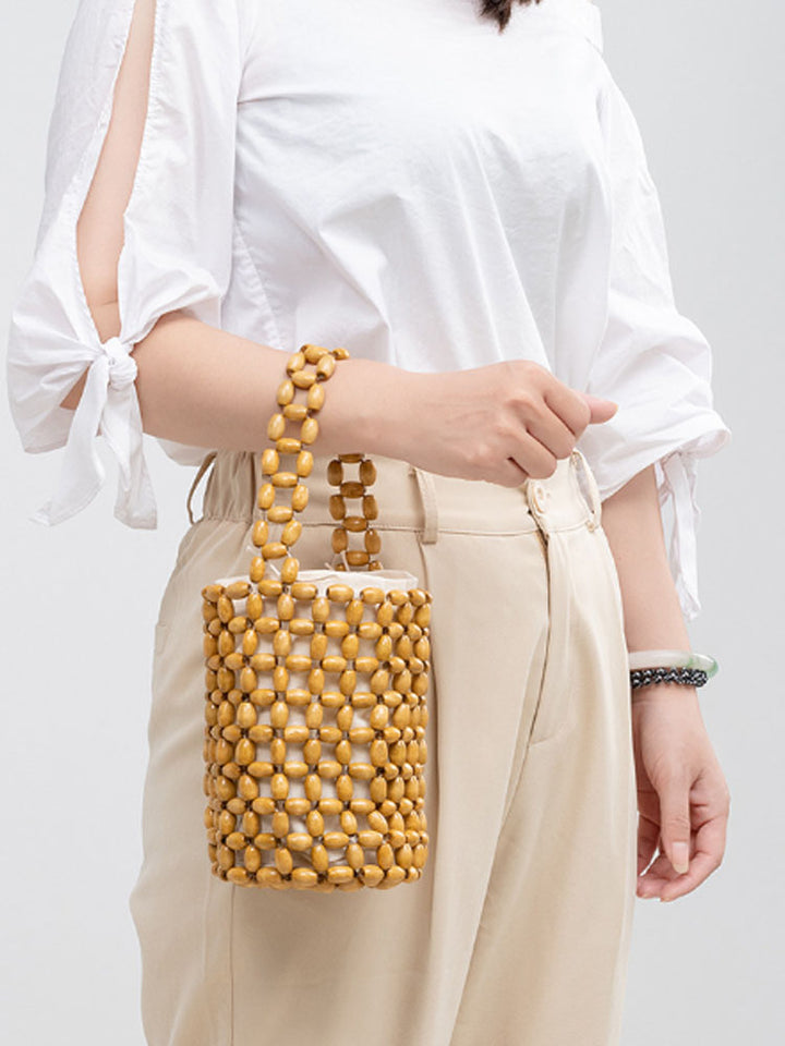 Hollowed-Out Wooden Bead Woven Bucket Bag