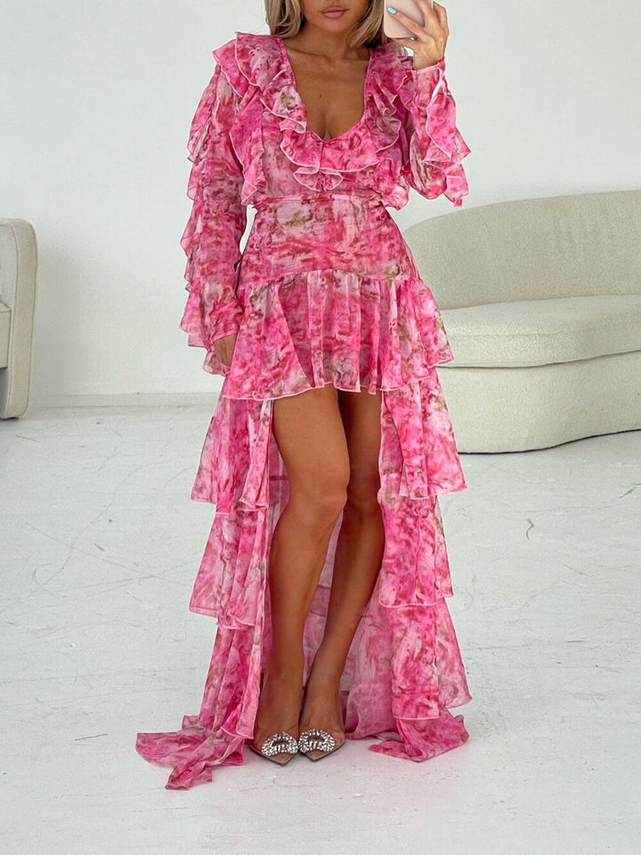 فستان أوفيليا شيفون طويل بكشكشة باللون الوردي