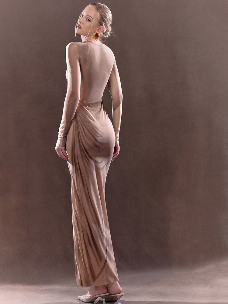 Painted-Effect Mesh Maxi Dress