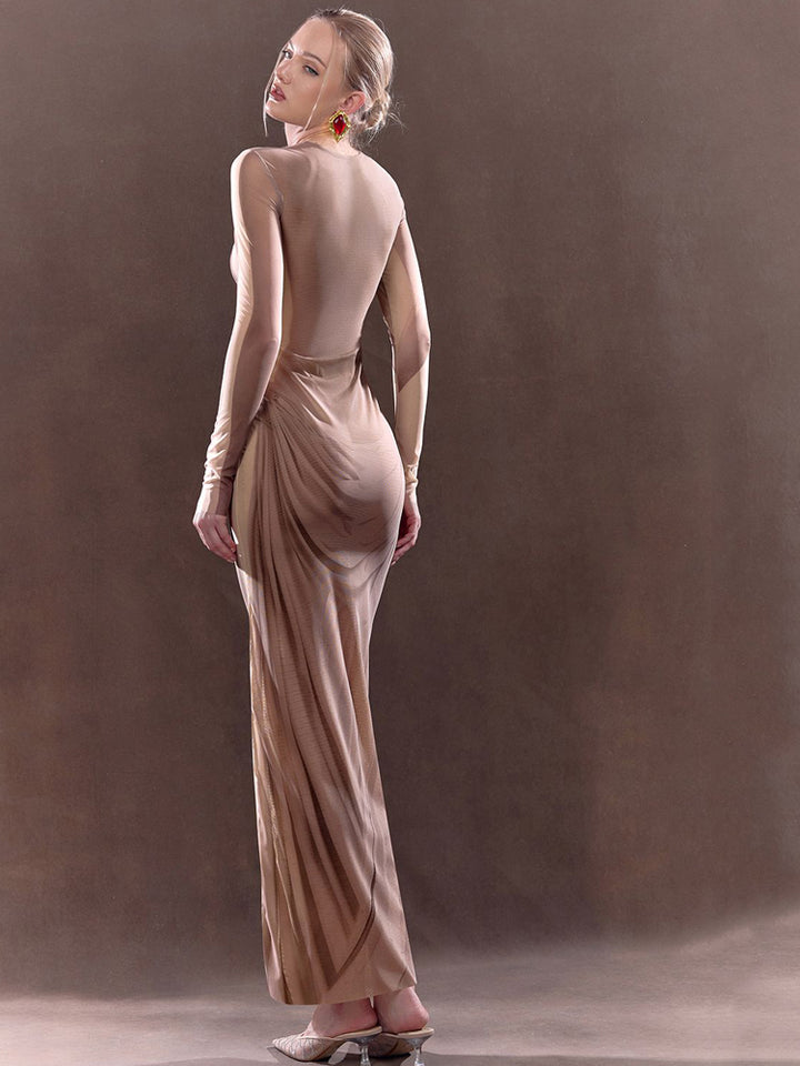 Painted-Effect Mesh Maxi Dress