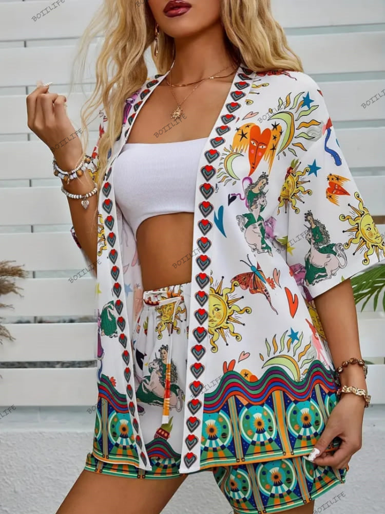 Fashionable Floral Print Casual Cardigan & Shorts Set