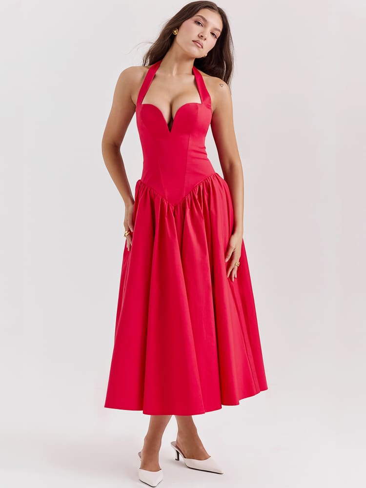 Vestido Midi com Decote Halter e Fenda Lateral - Vermelho Escarlate