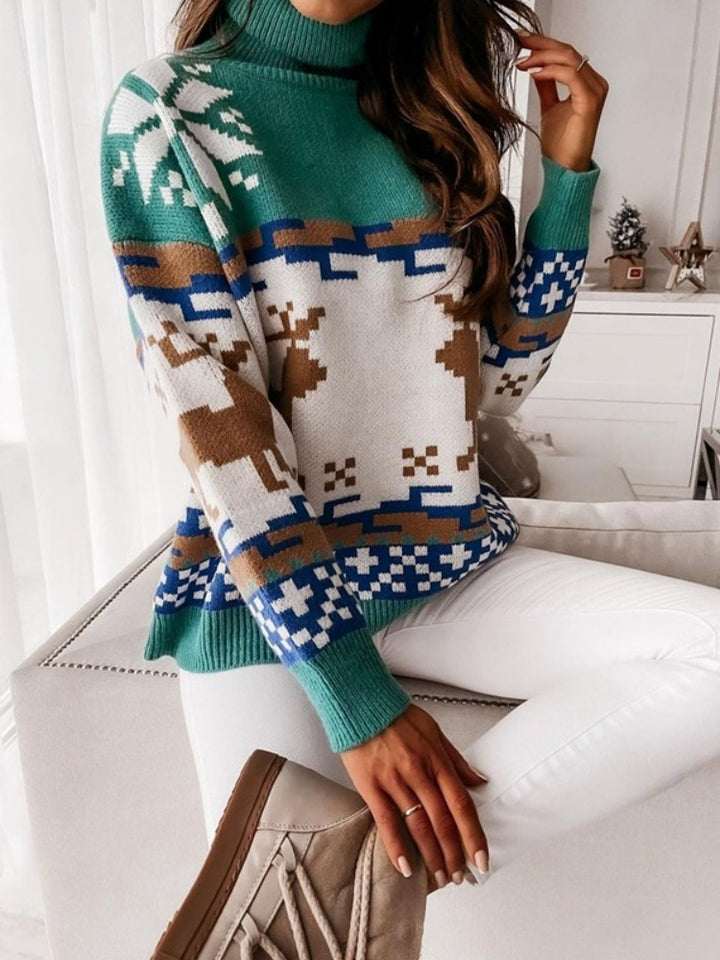 Pull en tricot avec motif de renne et de flocon de neige brodé