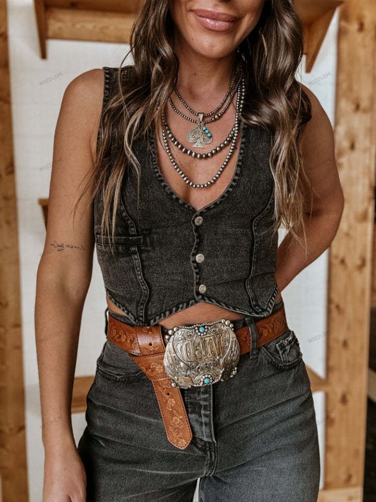 Western Vintage Washed Denim Vest