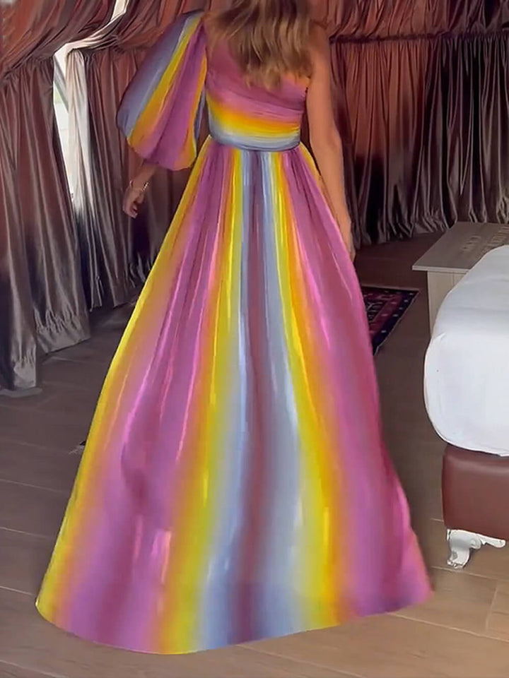 Off-shoulder maxi-jurk met regenboogprint