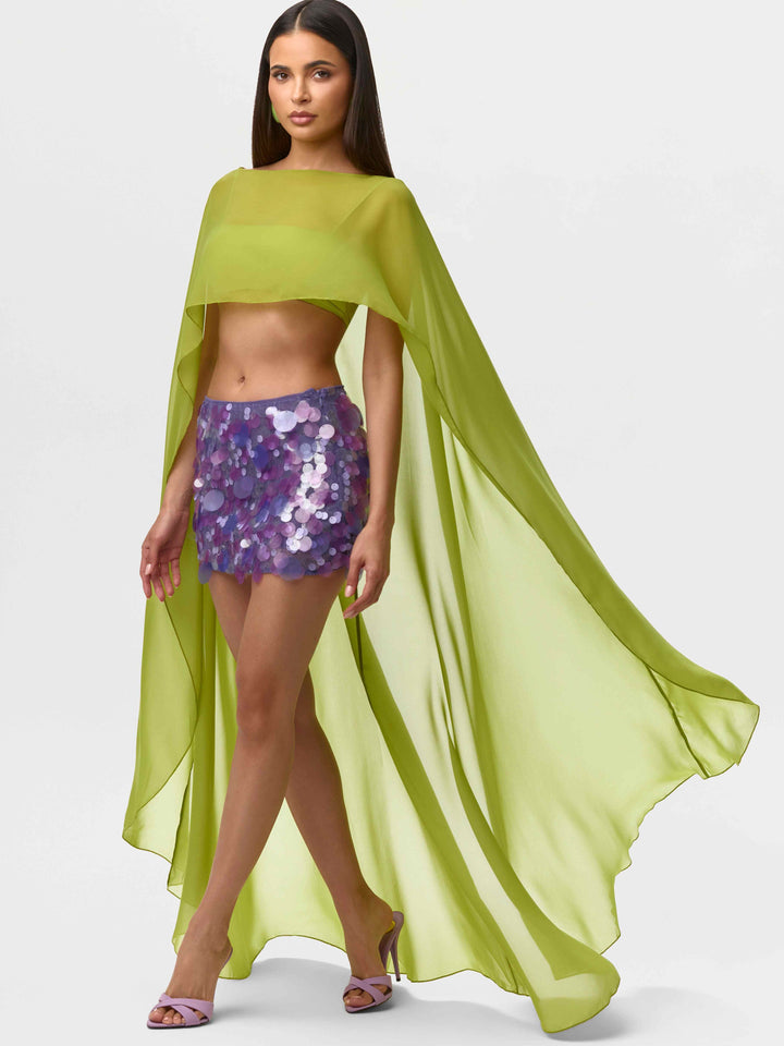 Chiffon Cape Crop Top & Satin Feather Mini Skirt