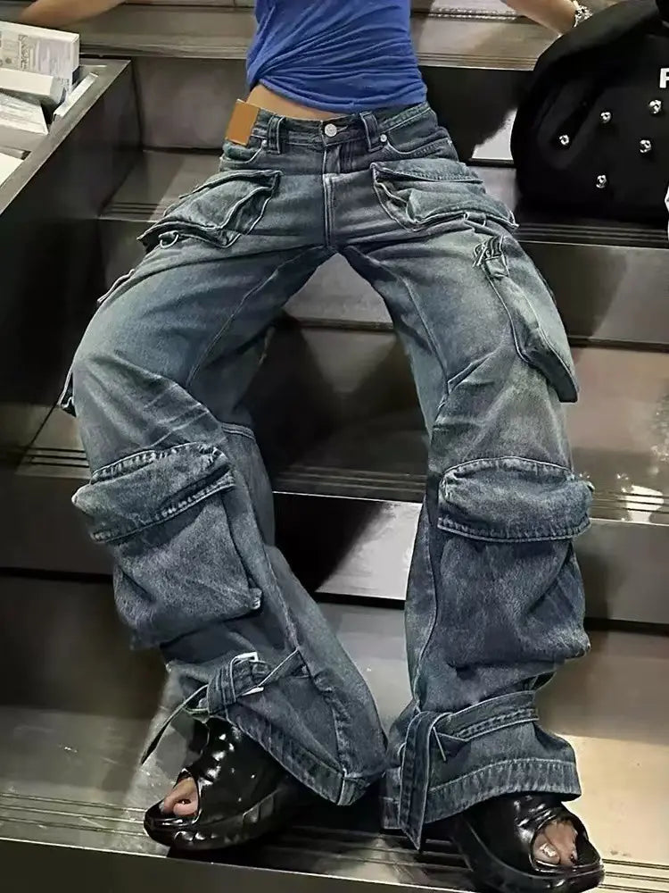 Pantaloni da lavoro in denim multi-tasche vintage
