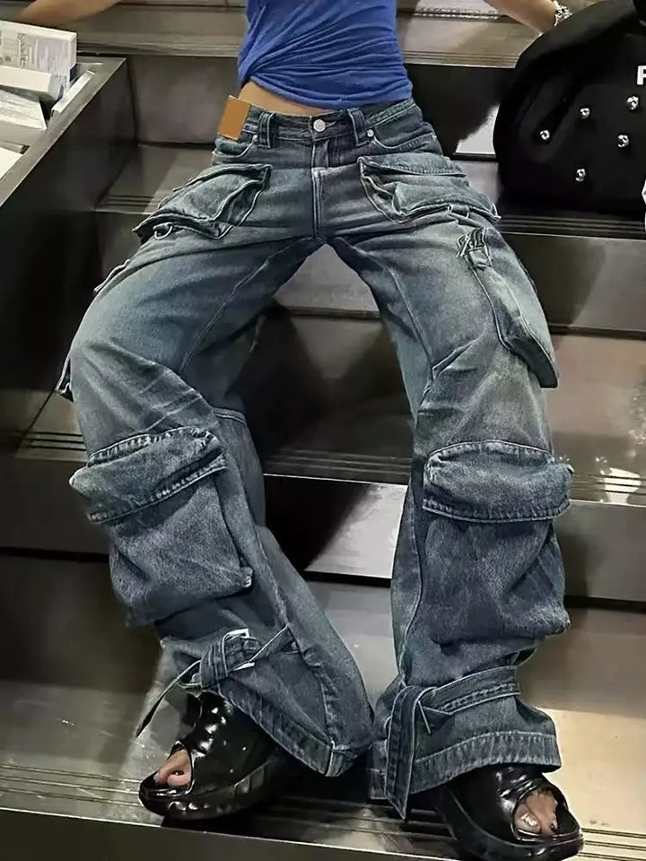 Pantaloni da lavoro in denim multi-tasche vintage