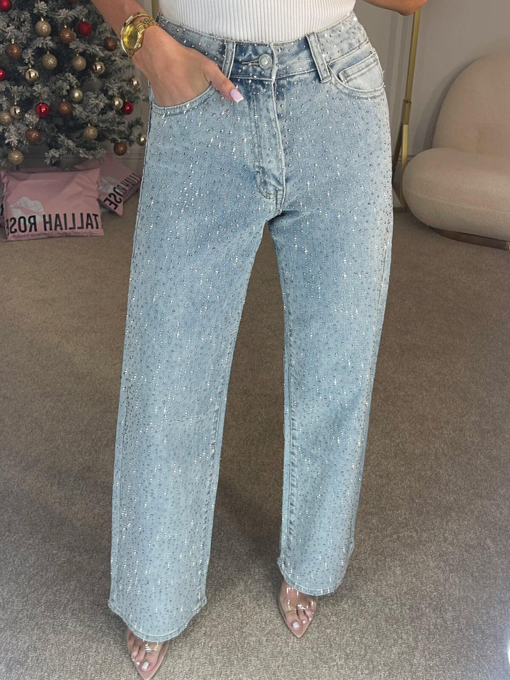 Jeans droit taille haute en diamanté