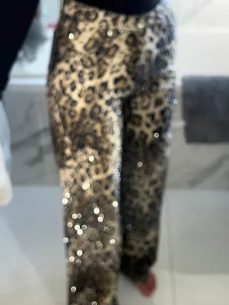 Leopard Diamanté utsvängda jeans