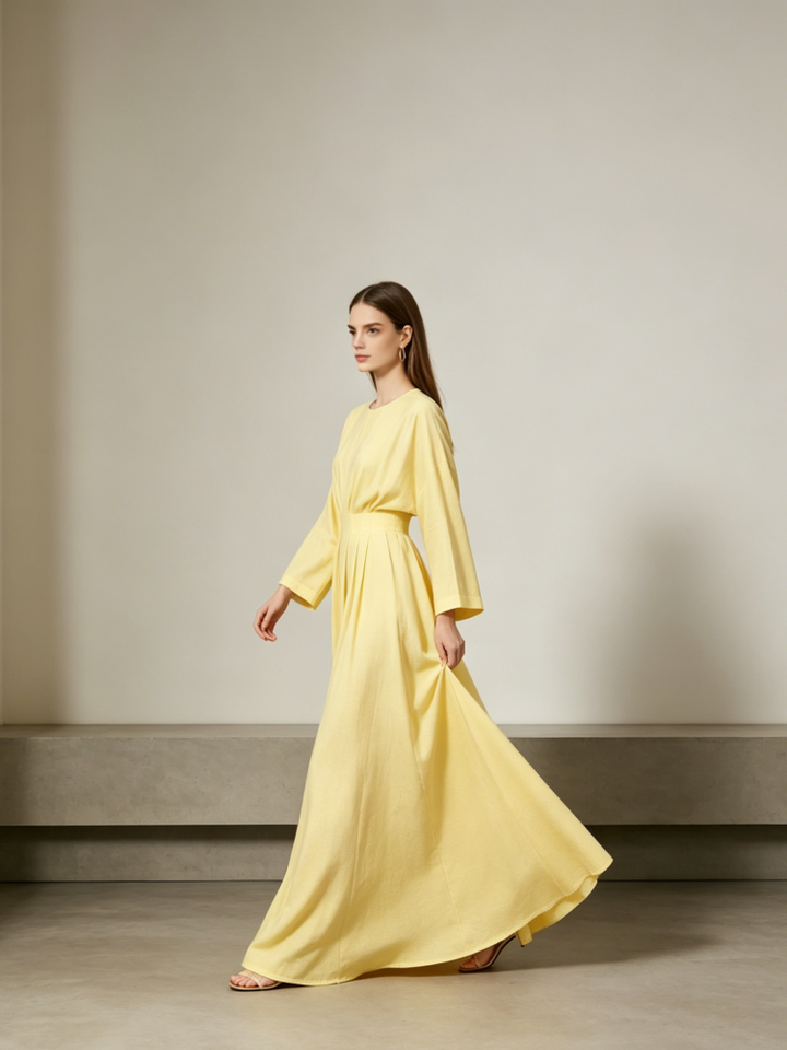 Linen Batwing Maxi Dress With Belt