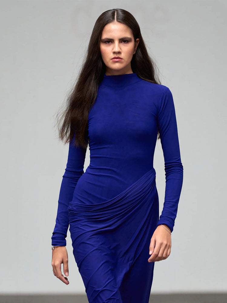 Electric Blue Ruched High-Neck Maxi Dress
