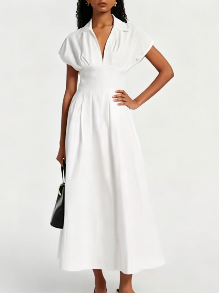 White V-Neck Puff Sleeve Midi Dress