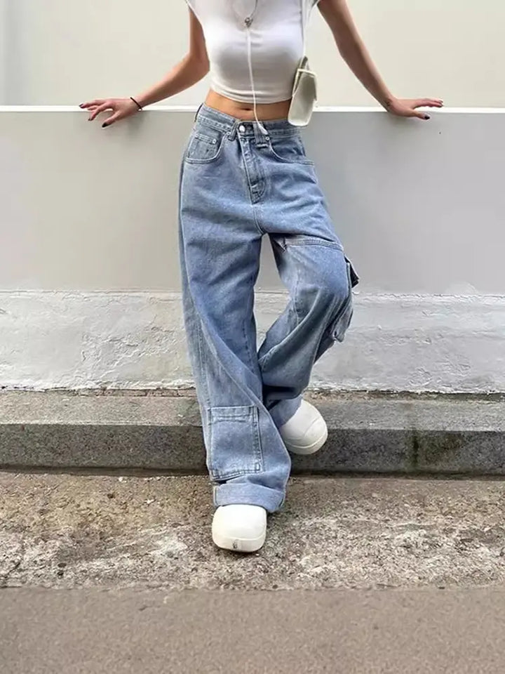 Jeans retro streetwear cu talie înaltă