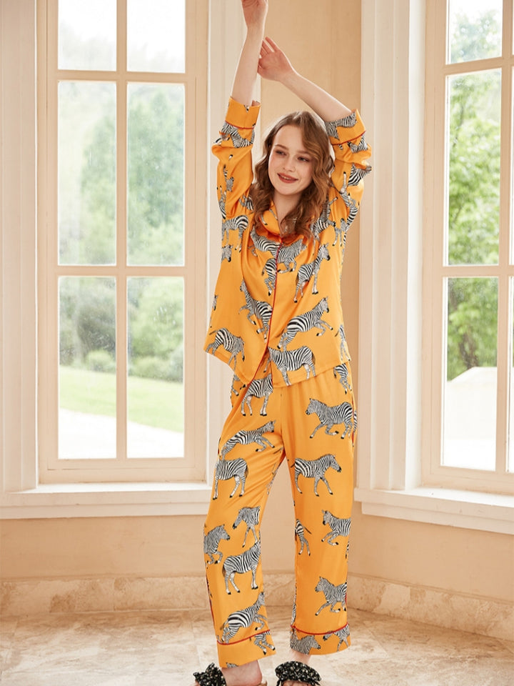 Zebra Print Long Sleeve Loungewear Set - Yellow