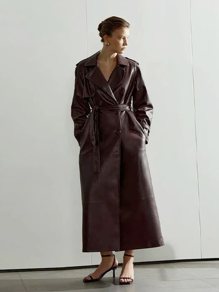 Lapel PU-lær trenchcoat med belte i midjen