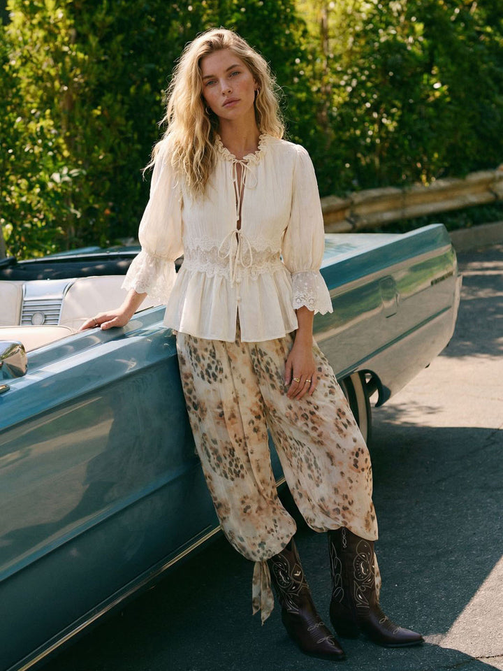 Lace Puff Sleeve Blouse & Cropped Bloomer Pants